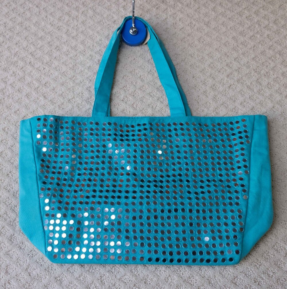 NWT Turquoise Mirrored Sequin Tote Bag Shoulder w/ Tags Womens Blue
